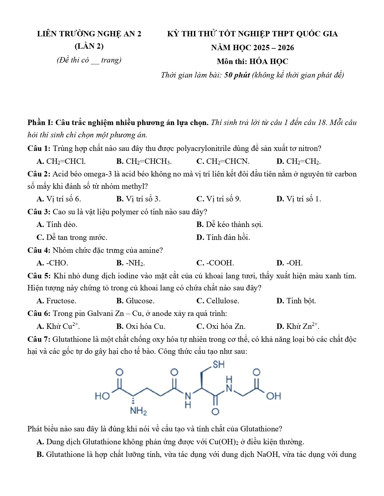 Đề thi thử Tốt nghiệp THPT Hóa học 2025 - 2026 Liên trường Nghệ An 2 (lần 2)