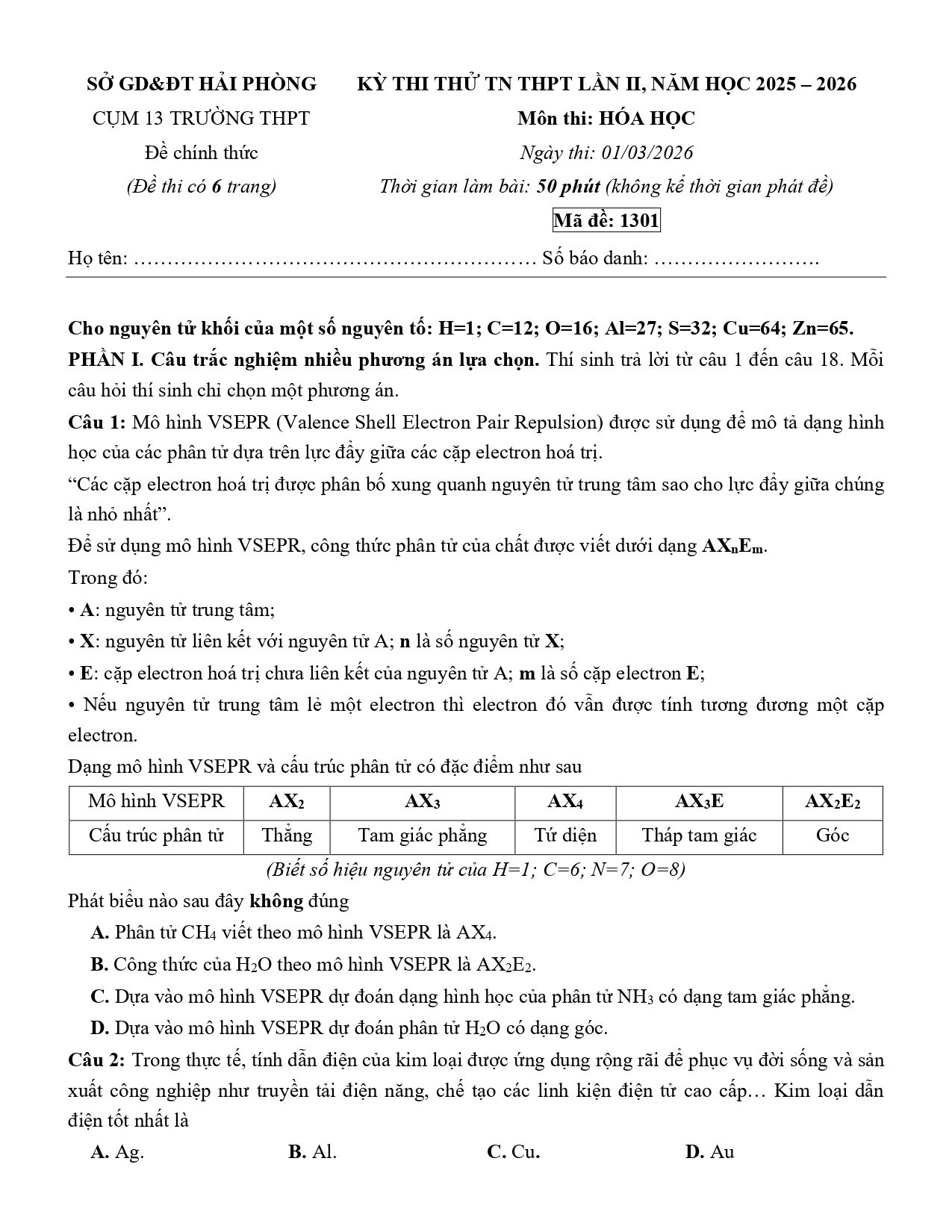 Đề thi thử Tốt nghiệp THPT Hóa học 2025 - 2026 Cụm 13 trường THPT (mã 01-lần 2) (Hải Phòng)