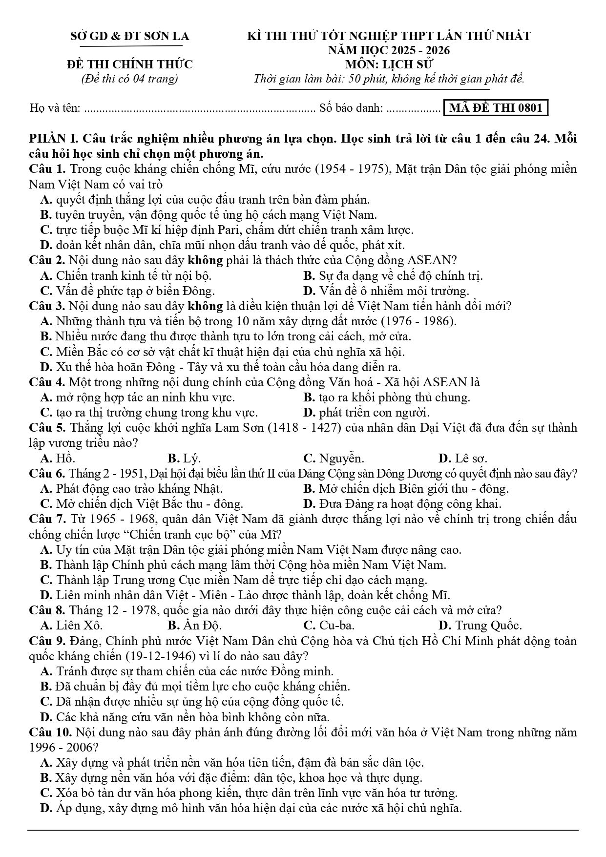 Đề thi thử Tốt nghiệp THPT Lịch sử 2025-2026 Sở GD&ĐT Sơn La (lần 1)