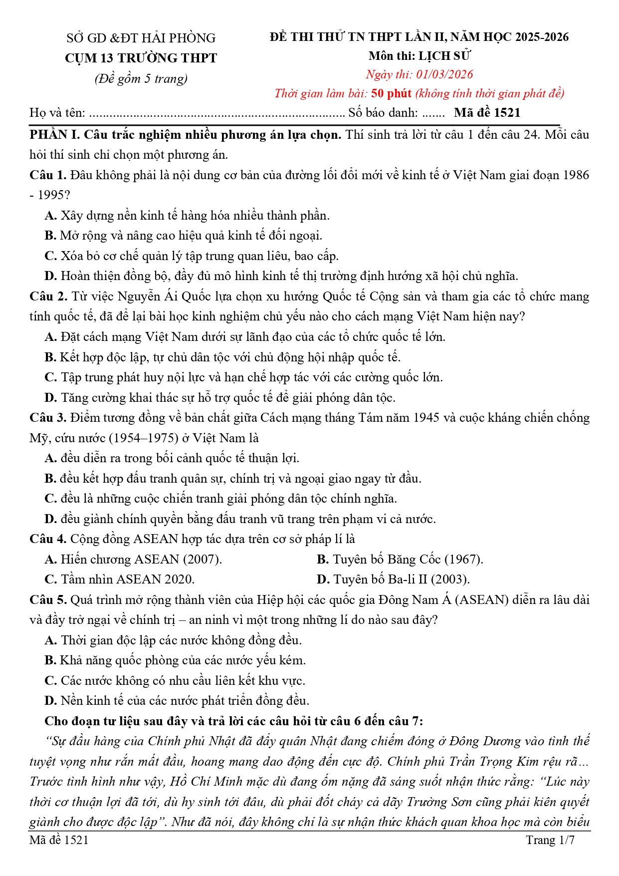 Đề thi thử Tốt nghiệp THPT Lịch sử 2025-2026 Cụm 13 trường THPT (lần 2) (Hải Phòng)