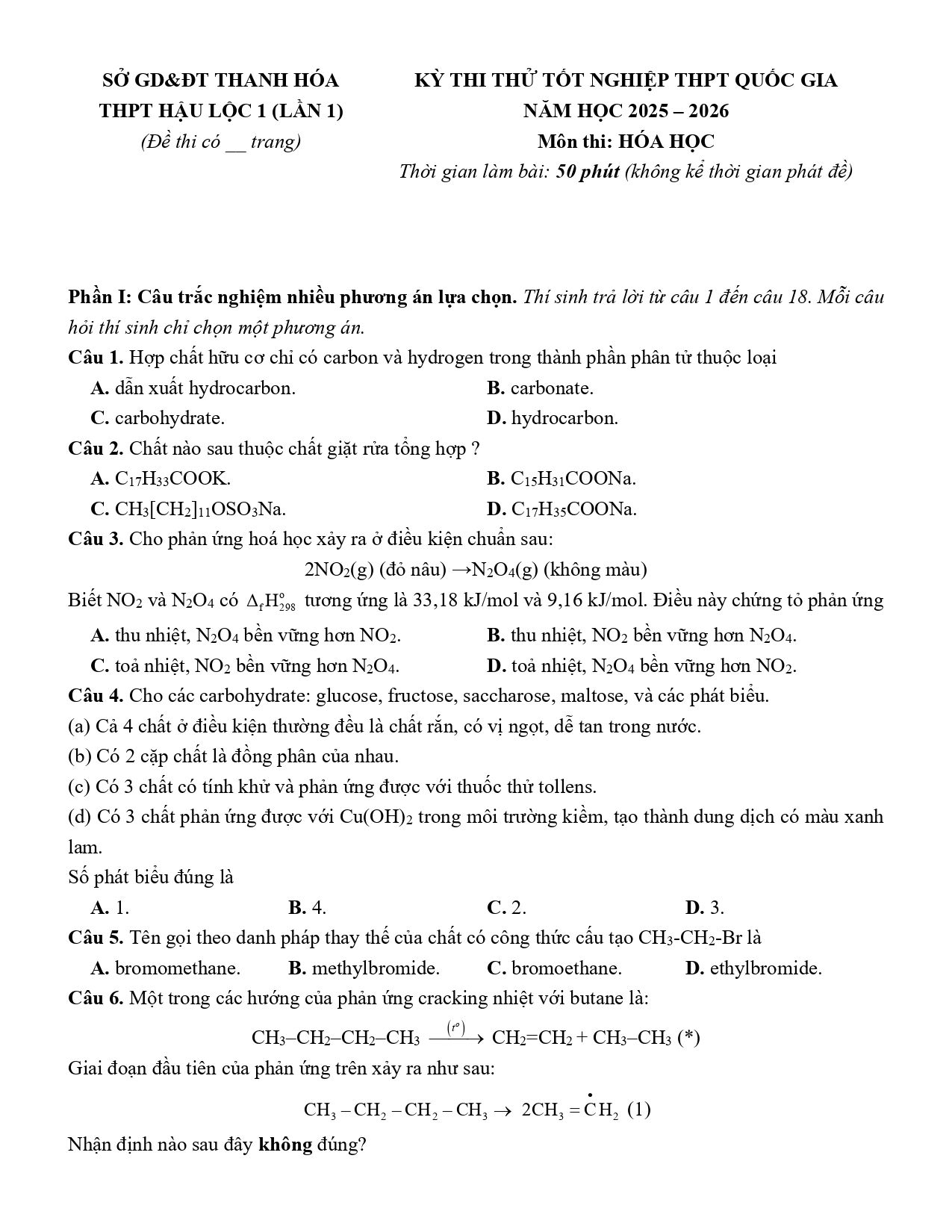 Đề thi thử Tốt nghiệp THPT Hóa học 2025 - 2026 trường THPT Hậu Lộc 1 (lần 1) (Thanh Hóa)