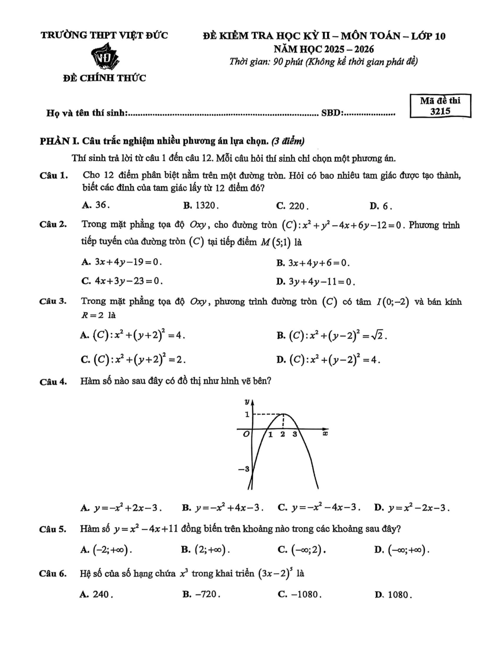 Đề thi Học kì 2 Toán 10 trường THPT Việt Đức (Hà Nội) năm 2025–2026