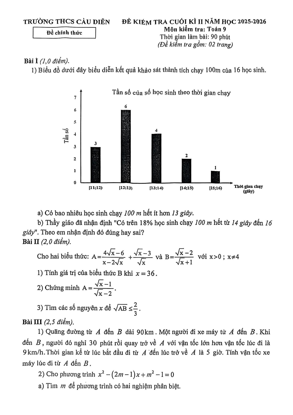 Đề thi Học kì 2 Toán 9 trường THCS Cầu Diễn (Hà Nội) năm 2025–2026