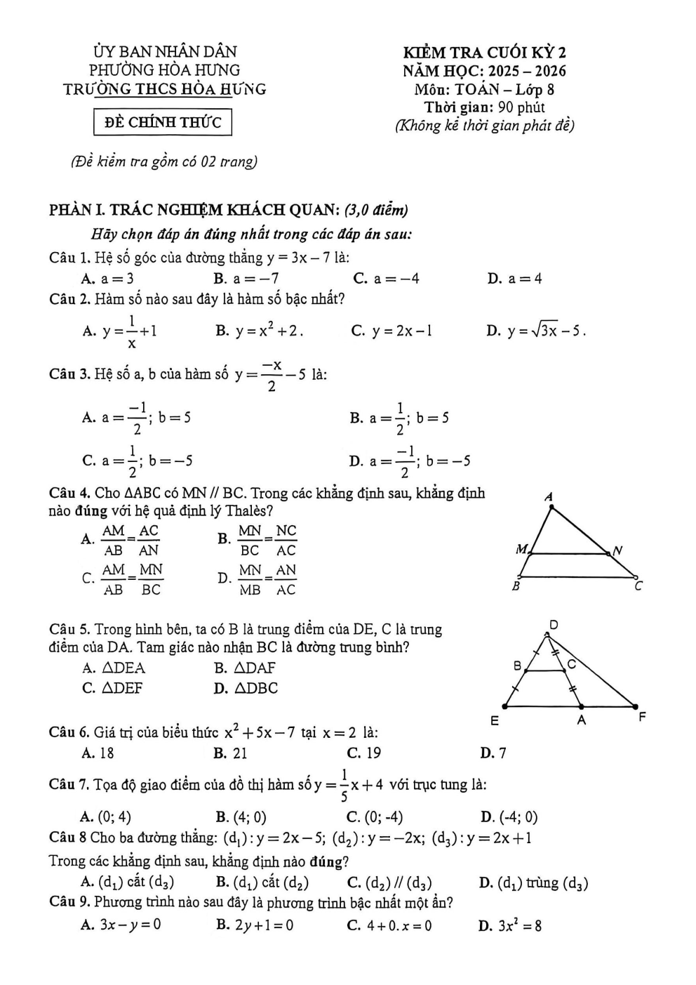 Đề thi Học kì 2 Toán 8 trường THCS Hòa Hưng (TP Hồ Chí Minh) năm 2025–2026