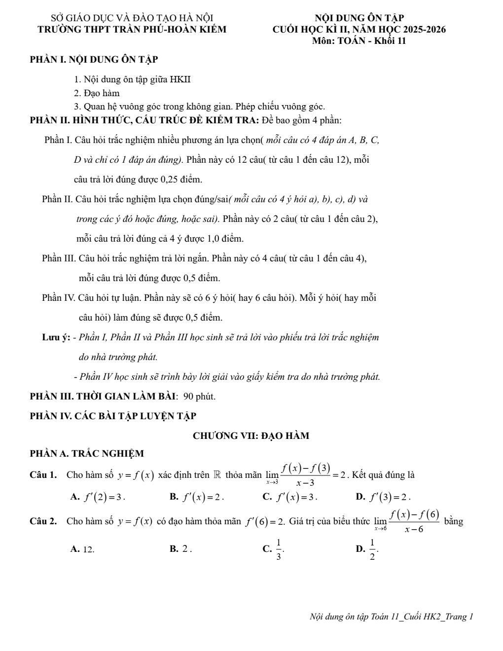 Đề cương ôn tập Học kì 2 Toán 11 trường THPT Trần Phú (Hà Nội) năm 2025–2026