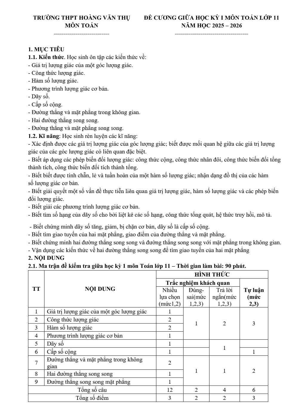 Đề cương ôn tập Giữa kì 1 Toán 11 trường THPT Hoàng Văn Thụ (Hà Nội) năm 2025–2026