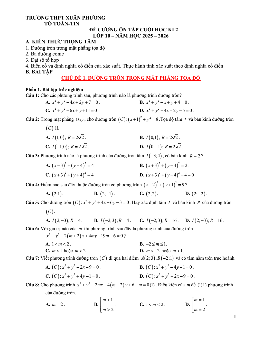 Đề cương ôn tập Học kì 2 Toán 10 trường THPT Xuân Phương (Hà Nội) năm 2025–2026
