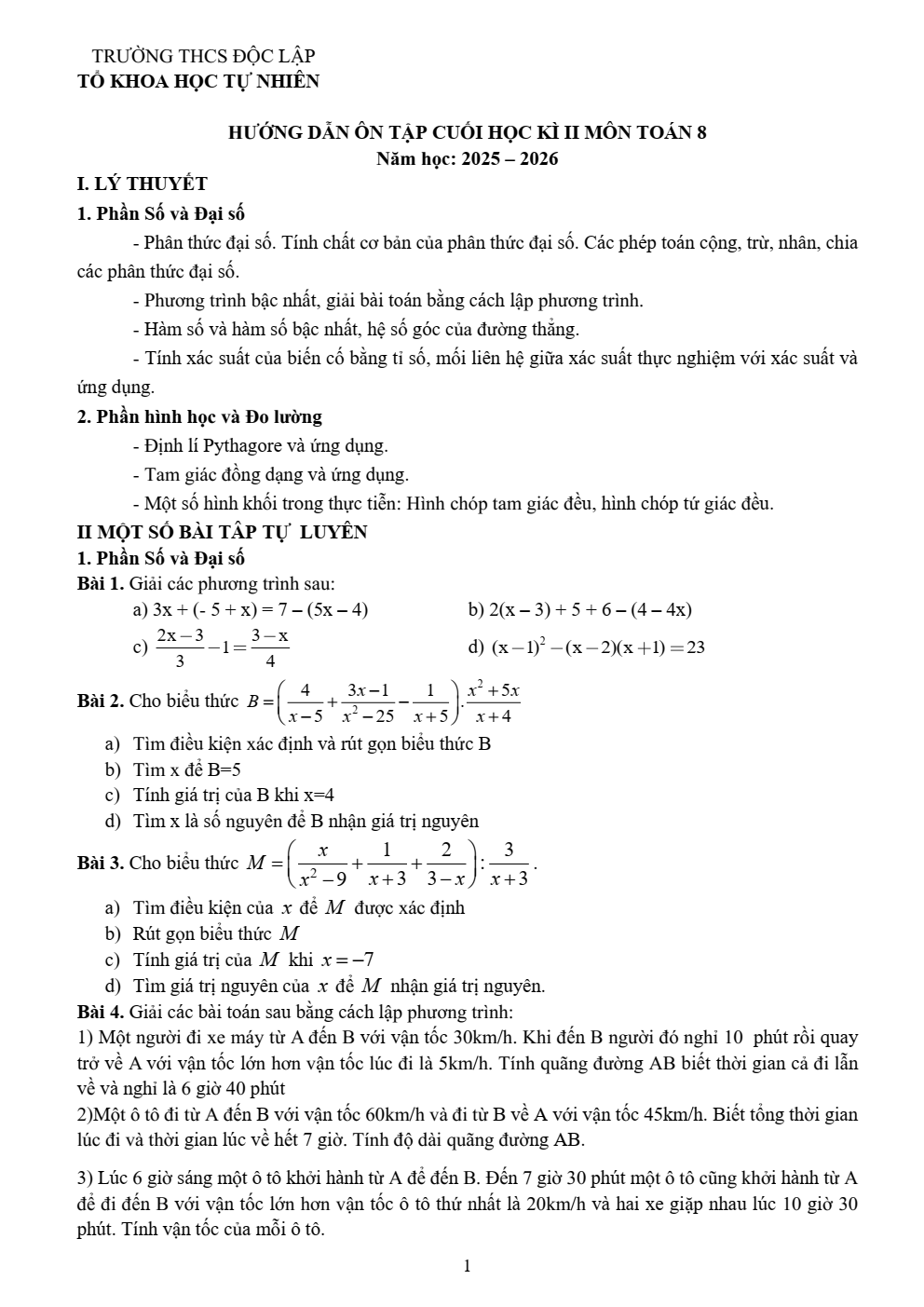 Đề cương ôn tập Học kì 2 Toán 8 trường THCS Độc Lập (Thái Nguyên) năm 2025–2026