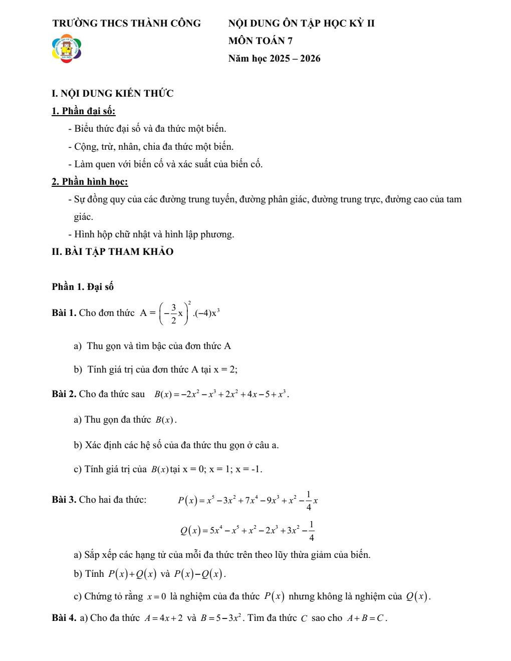 Đề cương ôn tập Học kì 2 Toán 7 trường THCS Thành Công (Hà Nội) năm 2025–2026