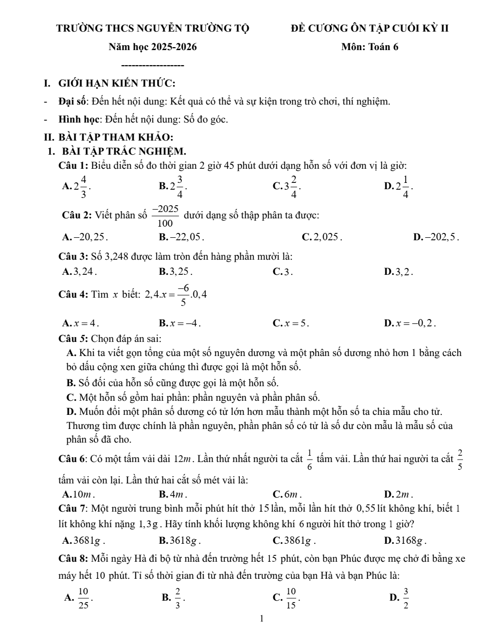 Đề cương ôn tập Học kì 2 Toán 6 trường THCS Nguyễn Trường Tộ (Hà Nội) năm 2025–2026