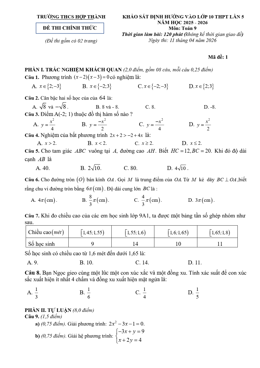 Đề thi thử Toán vào lớp 10 lần 5 năm 2026-2027 trường THCS Hợp Thành (Thanh Hóa)