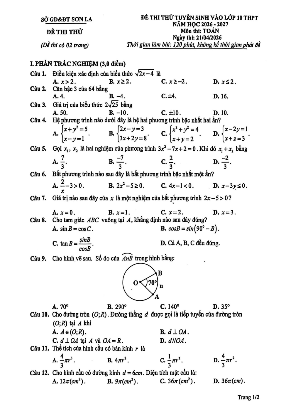 Đề thi thử Toán vào lớp 10 năm 2026-2027 sở GD&ĐT Sơn La