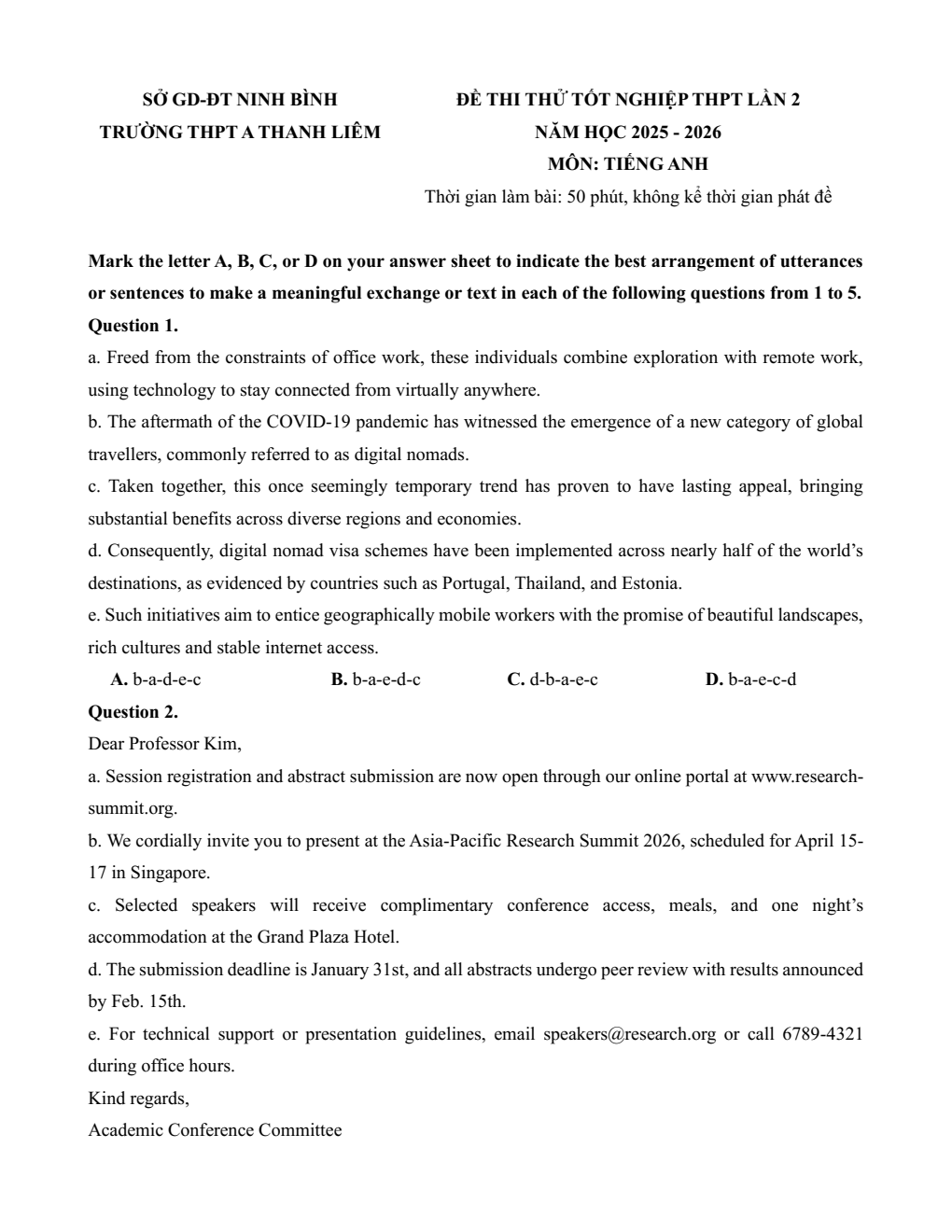 Đề thi thử Tốt nghiệp THPT Tiếng Anh 2025-2026 trường THPT A Thanh Liêm (lần 2) (Ninh Bình)