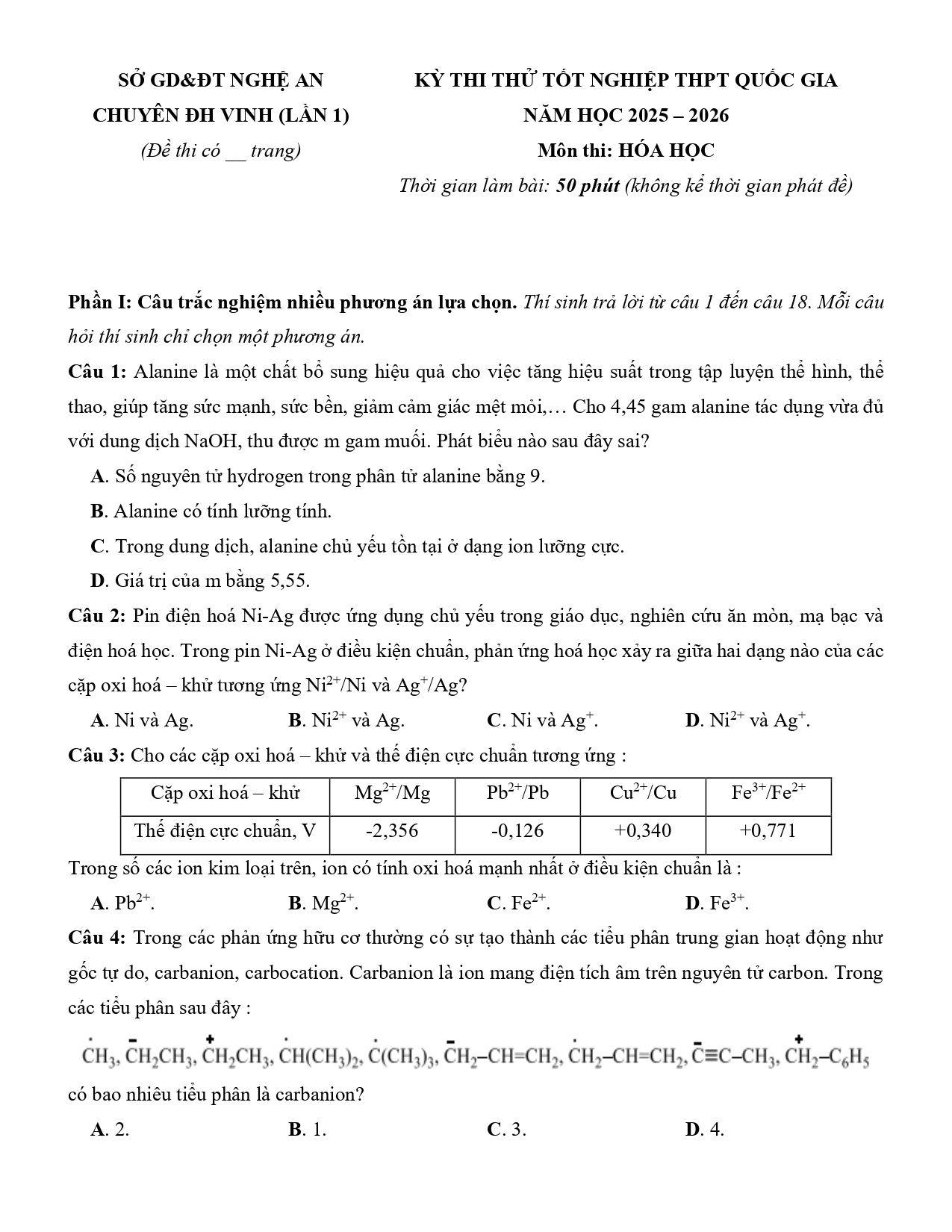 Đề thi thử Tốt nghiệp THPT Hóa học 2025 - 2026 Chuyên ĐH Vinh (lần 1) (Nghệ An)