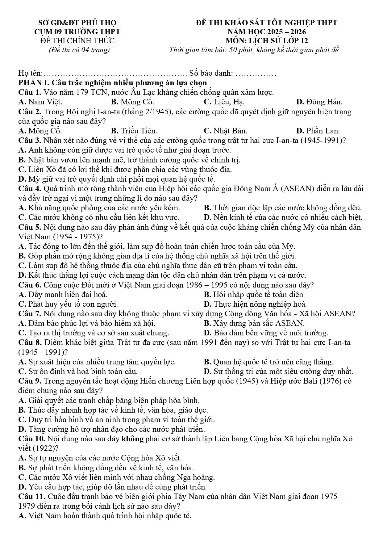 Đề thi thử Tốt nghiệp THPT Lịch sử 2025-2026 Cụm 09 trường THPT (Phú Thọ)