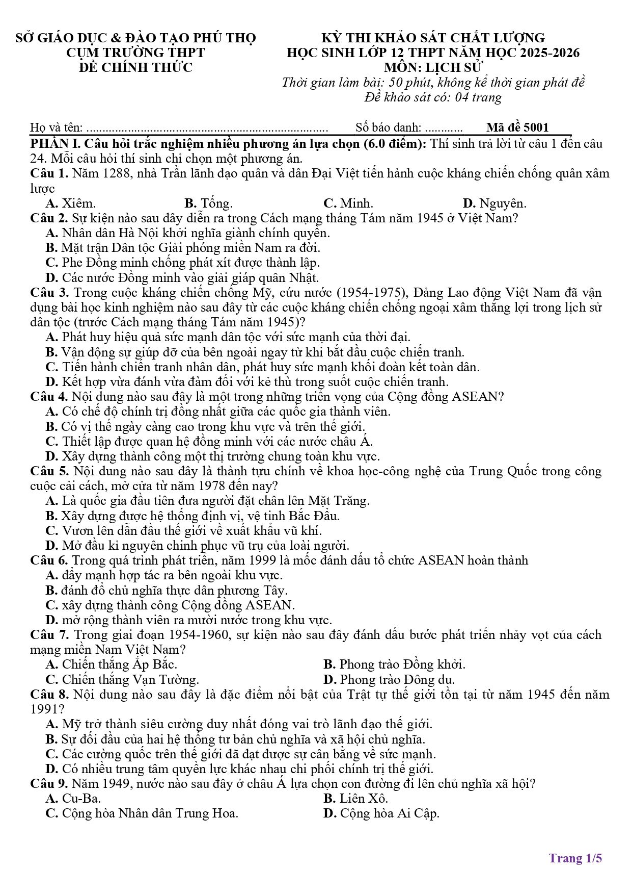Đề thi thử Tốt nghiệp THPT Lịch sử 2025-2026 Cụm trường THPT (Phú Thọ)