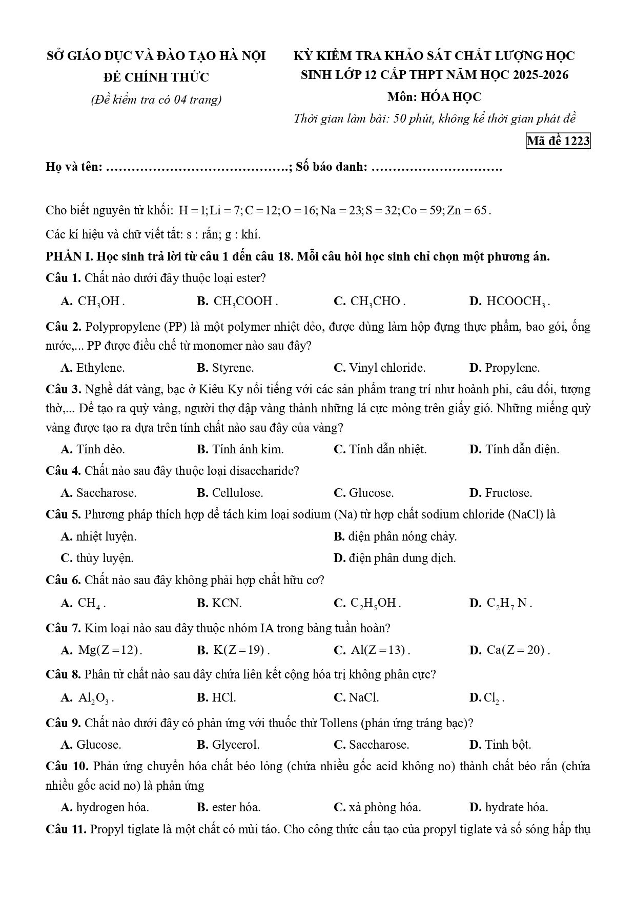 Đề thi thử Tốt nghiệp THPT Hóa học 2025 - 2026 Sở GD&ĐT Hà Nội