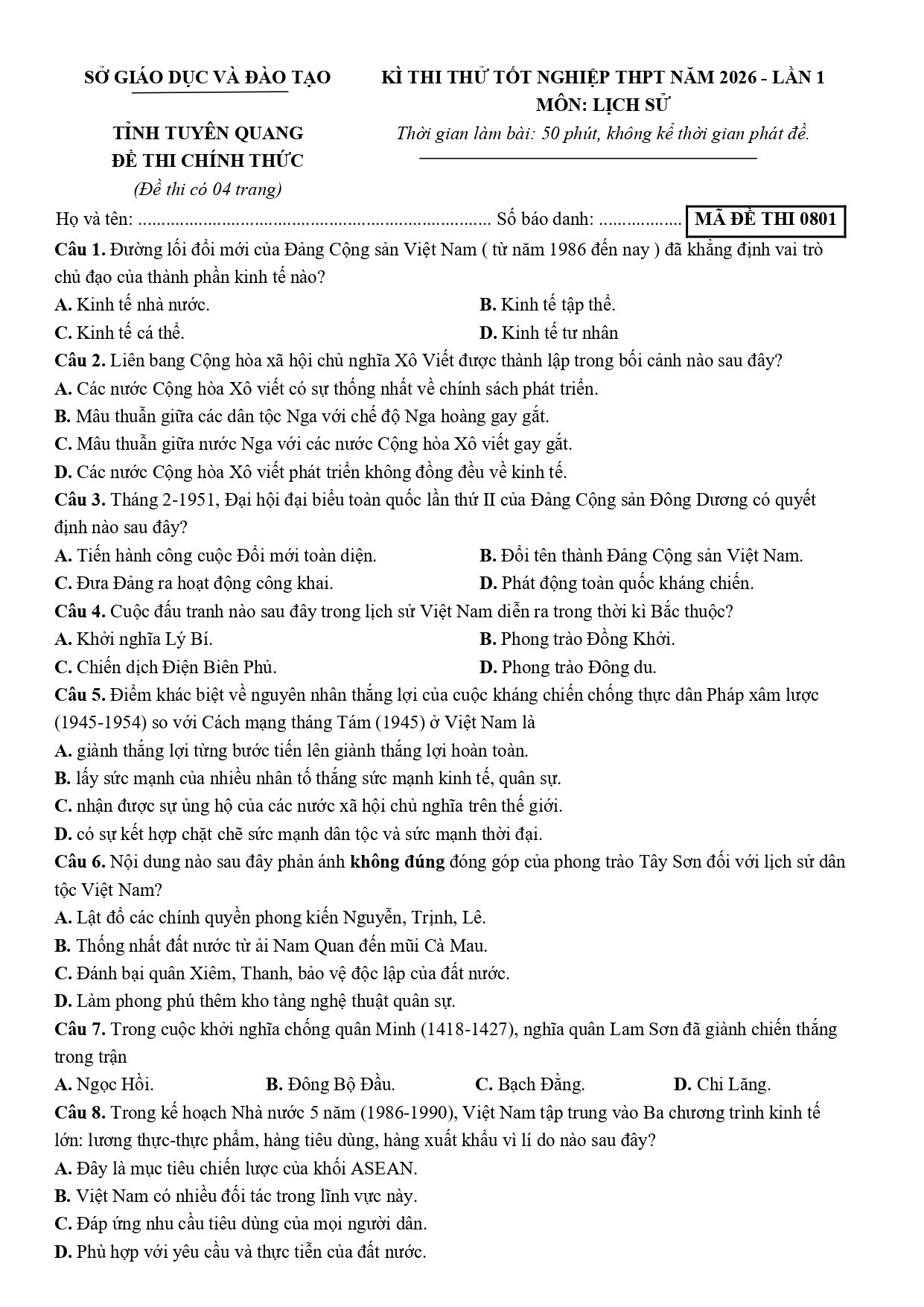 Đề thi thử Tốt nghiệp THPT Lịch sử 2025-2026 Sở GD&ĐT Tuyên Quang (lần 1)