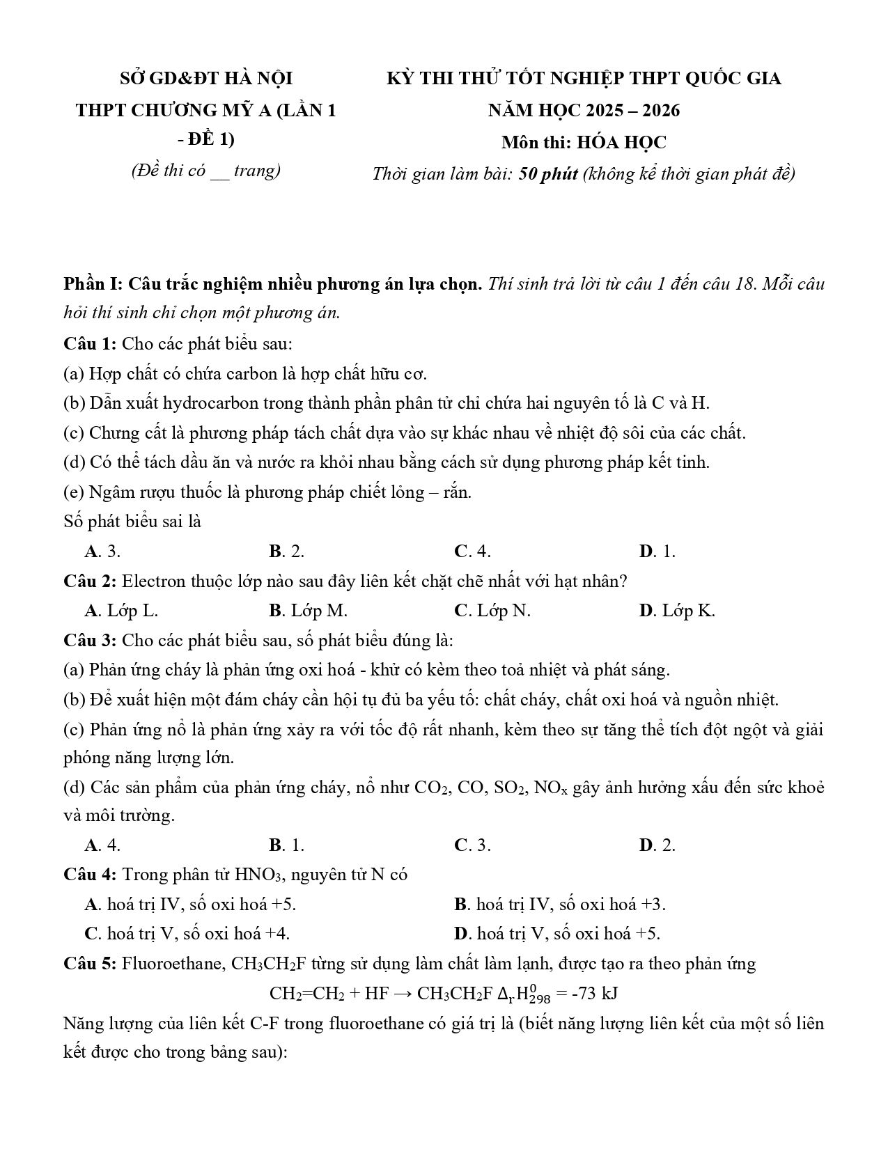 Đề thi thử Tốt nghiệp THPT Hóa học 2025 - 2026 trường THPT Chương Mỹ A (lần 1 - đề 1) (Hà Nội)