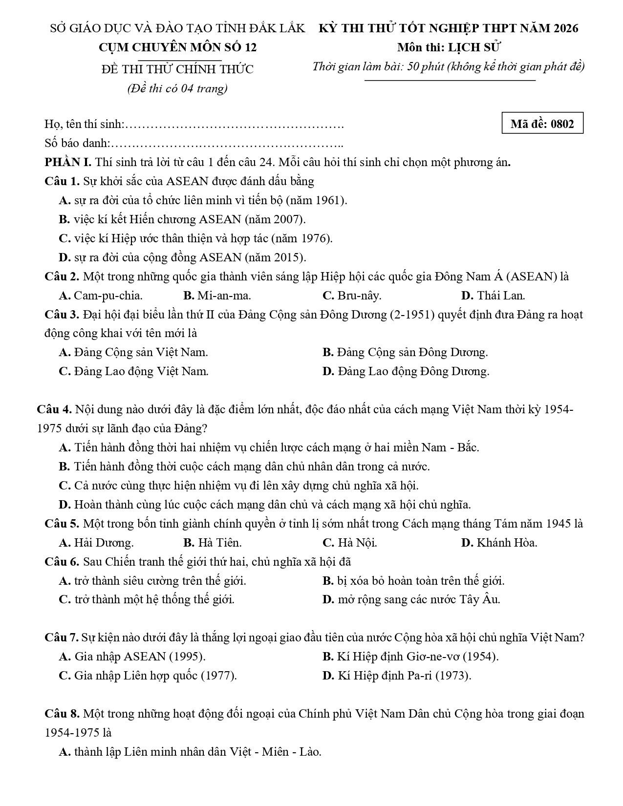 Đề thi thử Tốt nghiệp THPT Lịch sử 2025-2026 Cụm chuyên môn số 12 (Đắk Lắk)