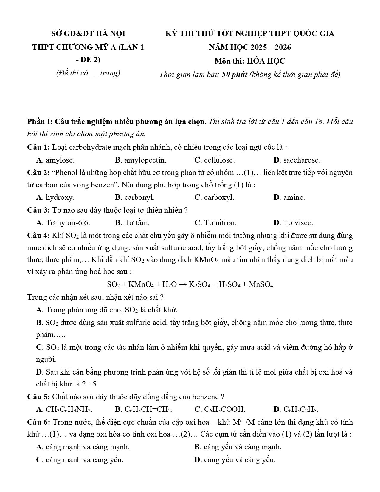 Đề thi thử Tốt nghiệp THPT Hóa học 2025 - 2026 trường THPT Chương Mỹ A (lần 1 - đề 2) (Hà Nội)