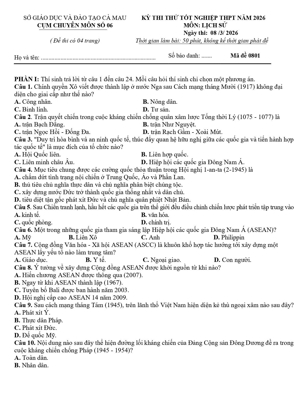 Đề thi thử Tốt nghiệp THPT Lịch sử 2025-2026 Cụm chuyên môn số 06 (lẻ) (Cà Mau)