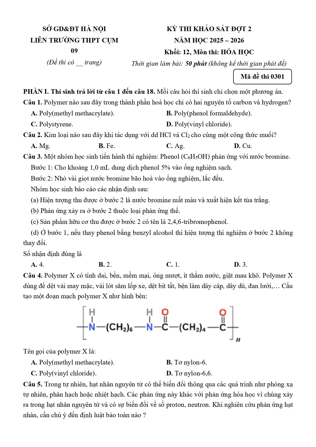 Đề thi thử Tốt nghiệp THPT Hóa học 2025 - 2026 Liên trường THPT Cụm 09 (Hà Nội)