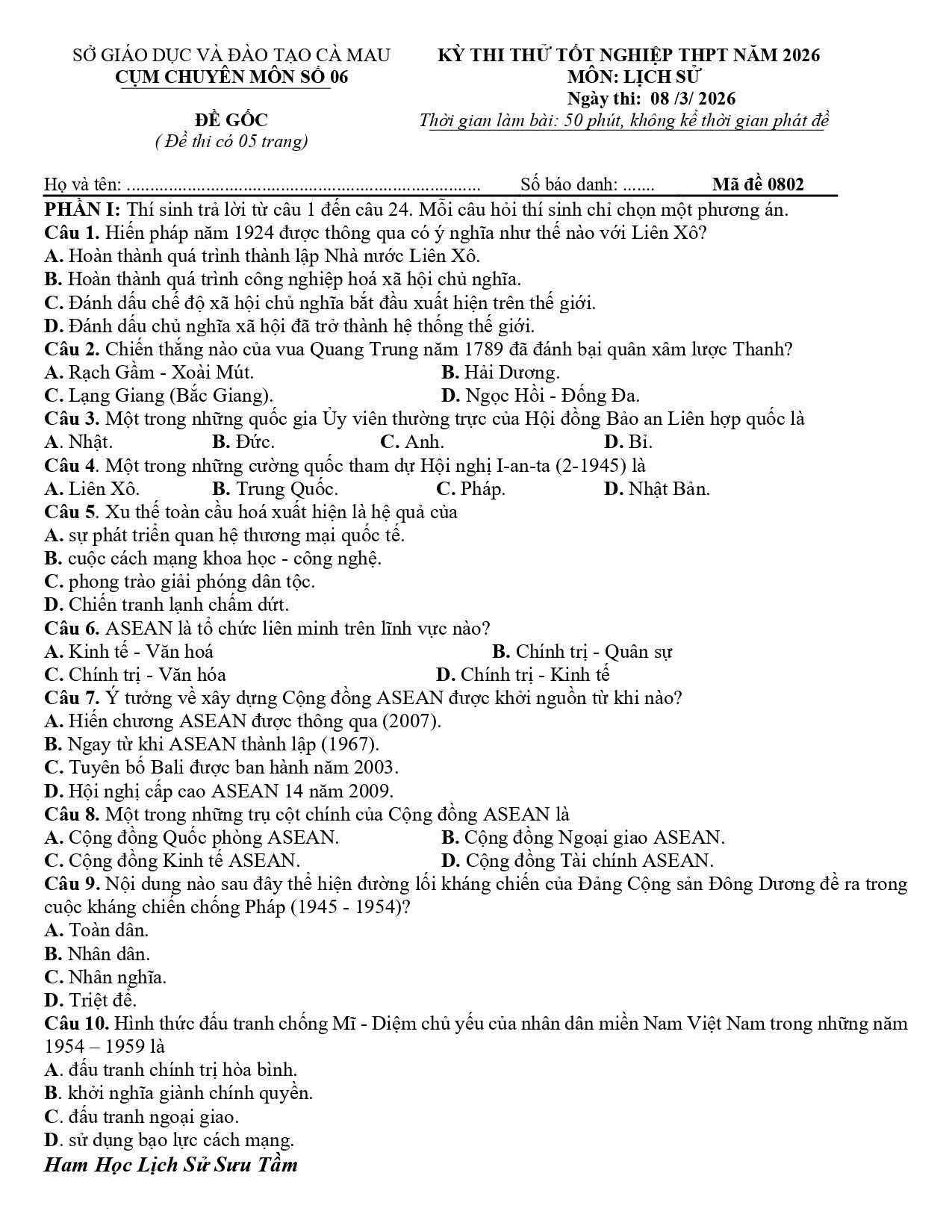 Đề thi thử Tốt nghiệp THPT Lịch sử 2025-2026 Cụm chuyên môn số 06 (chẵn) (Cà Mau)