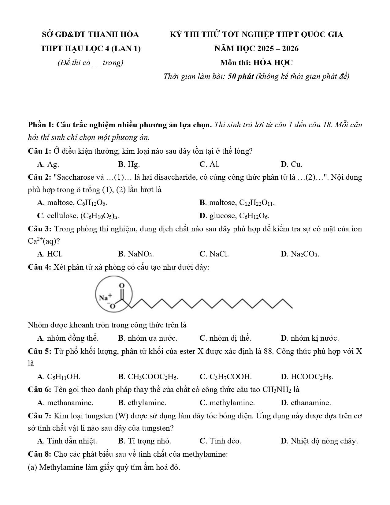 Đề thi thử Tốt nghiệp THPT Hóa học 2025 - 2026 trường THPT Hậu Lộc 4 (lần 1) (Thanh Hóa)