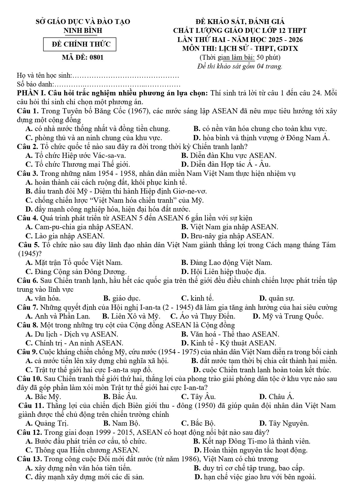 Đề thi thử Tốt nghiệp THPT Lịch sử 2025-2026 Sở GD&ĐT Ninh Bình (lần 2)