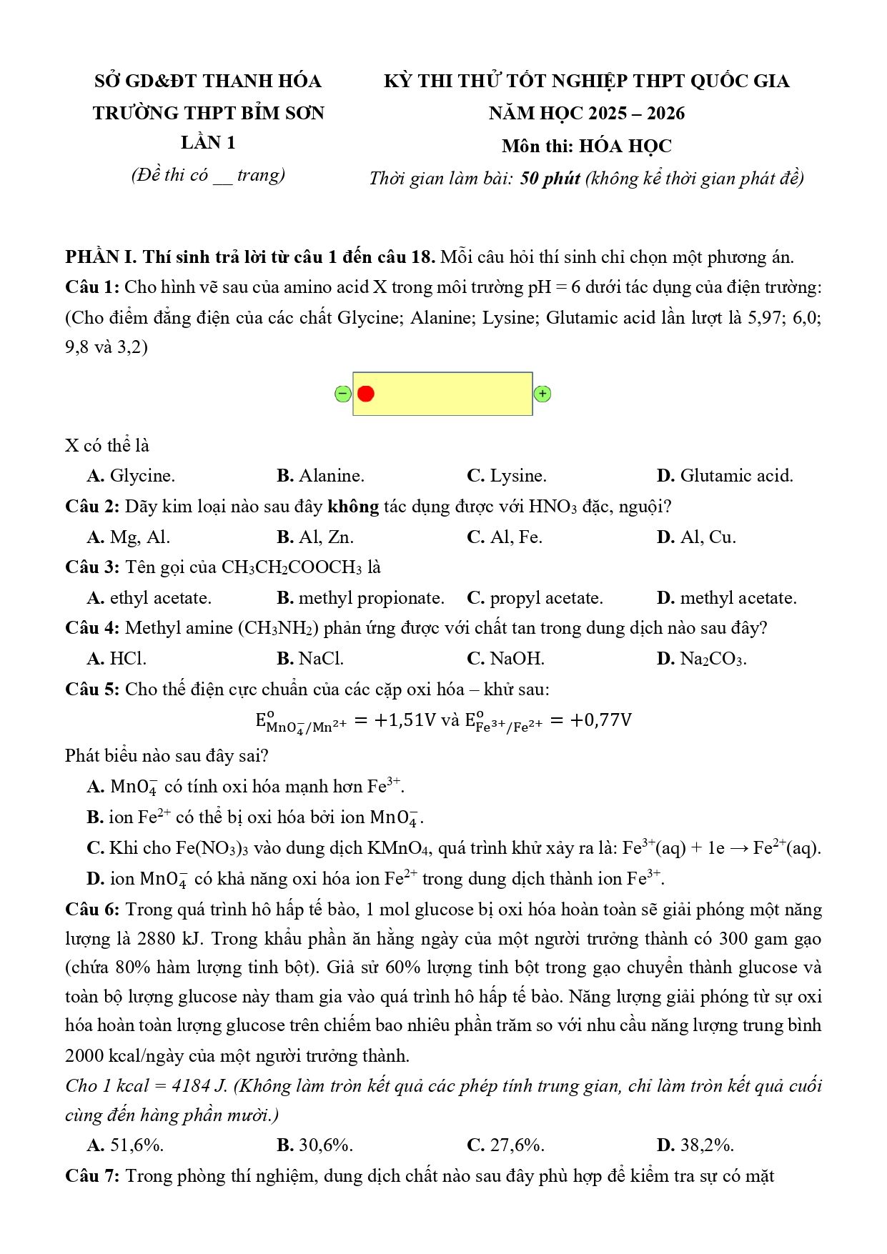 Đề thi thử Tốt nghiệp THPT Hóa học 2025 - 2026 trường THPT Bỉm Sơn (lần 1) (Thanh Hóa)