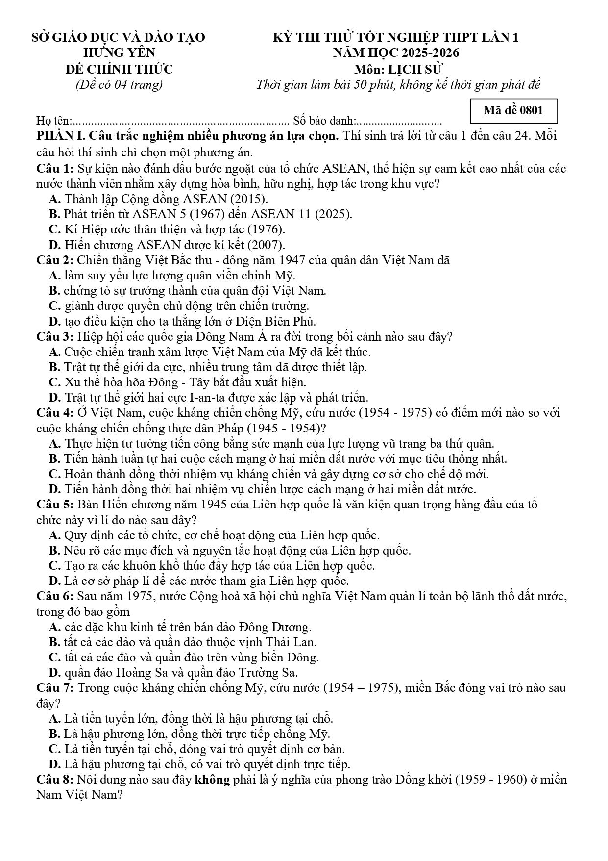 Đề thi thử Tốt nghiệp THPT Lịch sử 2025-2026 Sở GD&ĐT Hưng Yên (mã 01)