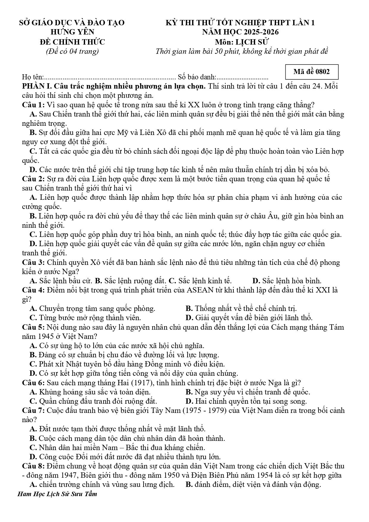 Đề thi thử Tốt nghiệp THPT Lịch sử 2025-2026 Sở GD&ĐT Hưng Yên (mã 02)