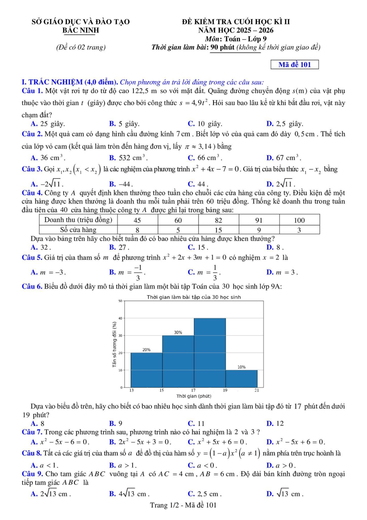 Đề thi Học kì 2 Toán 9 sở GD&ĐT Bắc Ninh năm 2025–2026