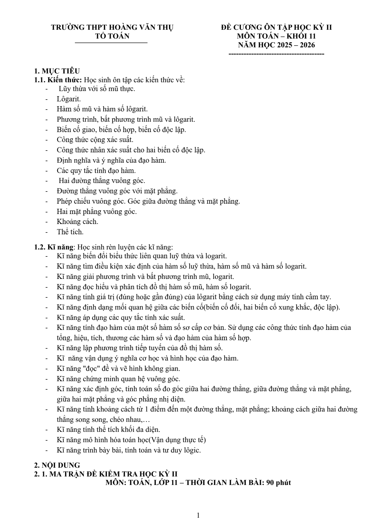 Đề cương ôn tập Học kì 2 Toán 11 trường THPT Hoàng Văn Thụ (Hà Nội) năm 2025–2026