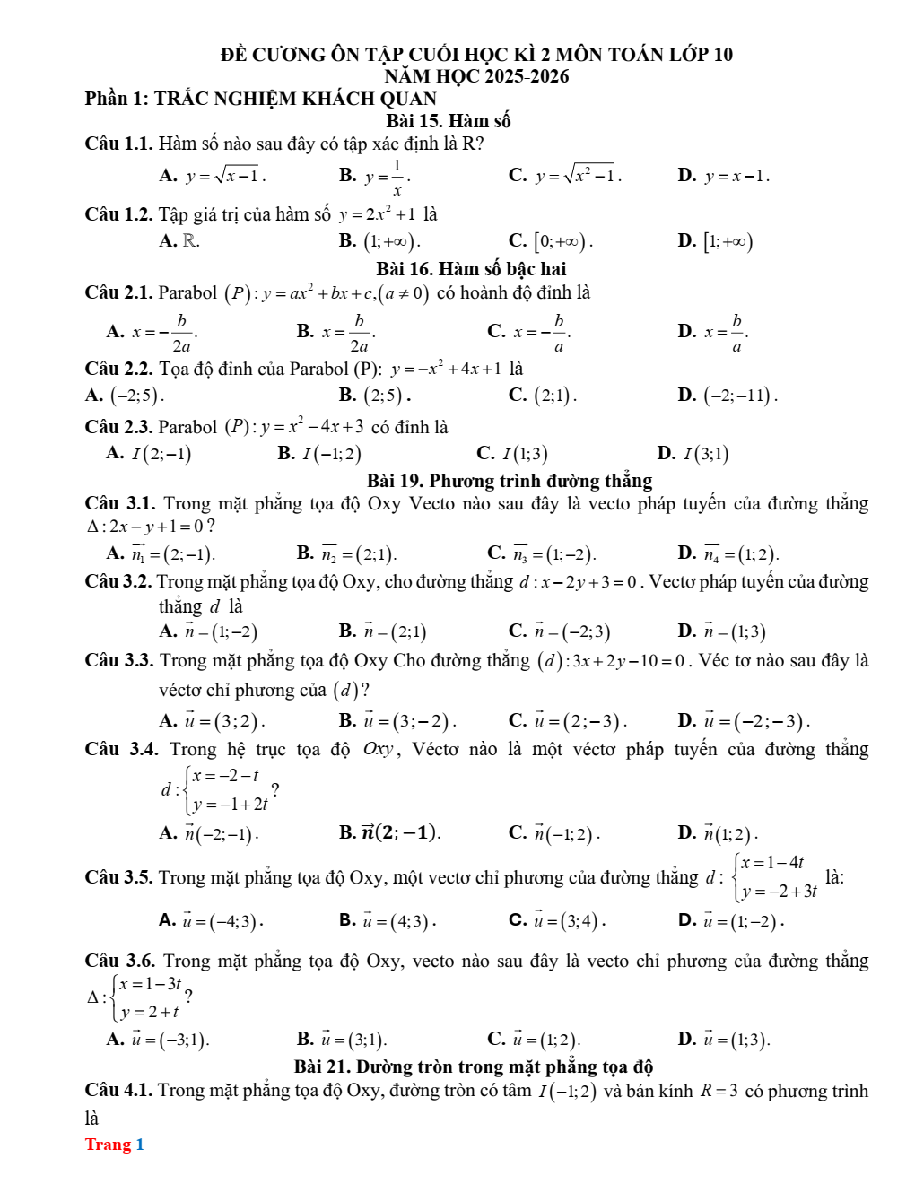 Đề cương ôn tập Học kì 2 Toán 10 trường THPT Quế Sơn (Đà Nẵng) năm 2025–2026