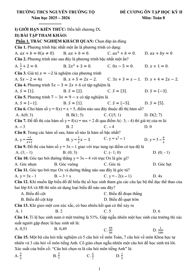 Đề cương ôn tập Học kì 2 Toán 8 trường THCS Nguyễn Trường Tộ (Hà Nội) năm 2025–2026