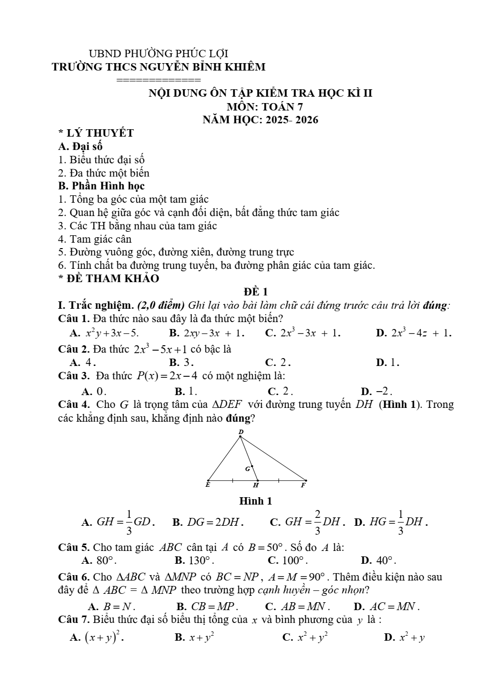 Đề cương ôn tập Học kì 2 Toán 7 trường THCS Nguyễn Bỉnh Khiêm (Hà Nội) năm 2025–2026