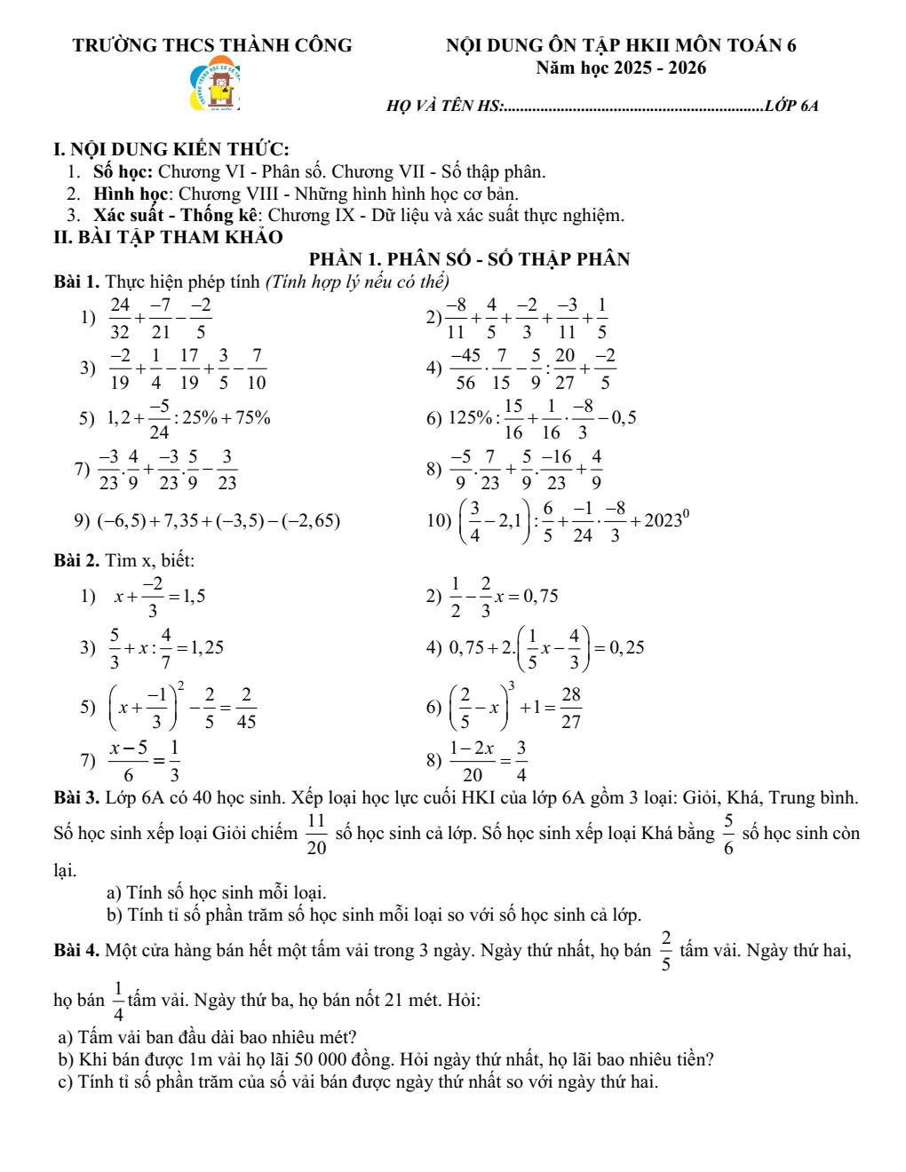 Đề cương ôn tập Học kì 2 Toán 6 trường THCS Thành Công (Hà Nội) năm 2025–2026