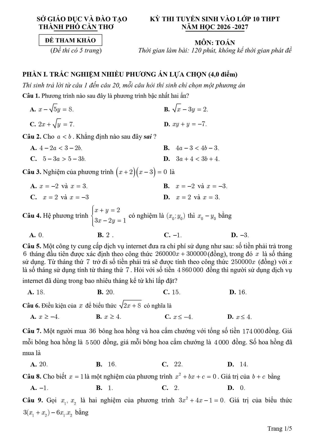 Đề thi thử Toán vào lớp 10 năm 2026-2027 sở GD&ĐT Cần Thơ