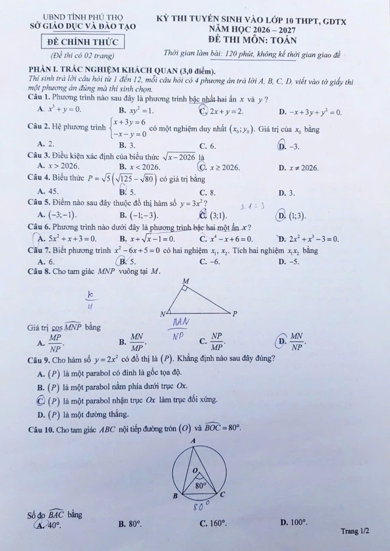 Giải Đề tuyển sinh vào 10 Toán 2026-2027 Sở Phú Thọ