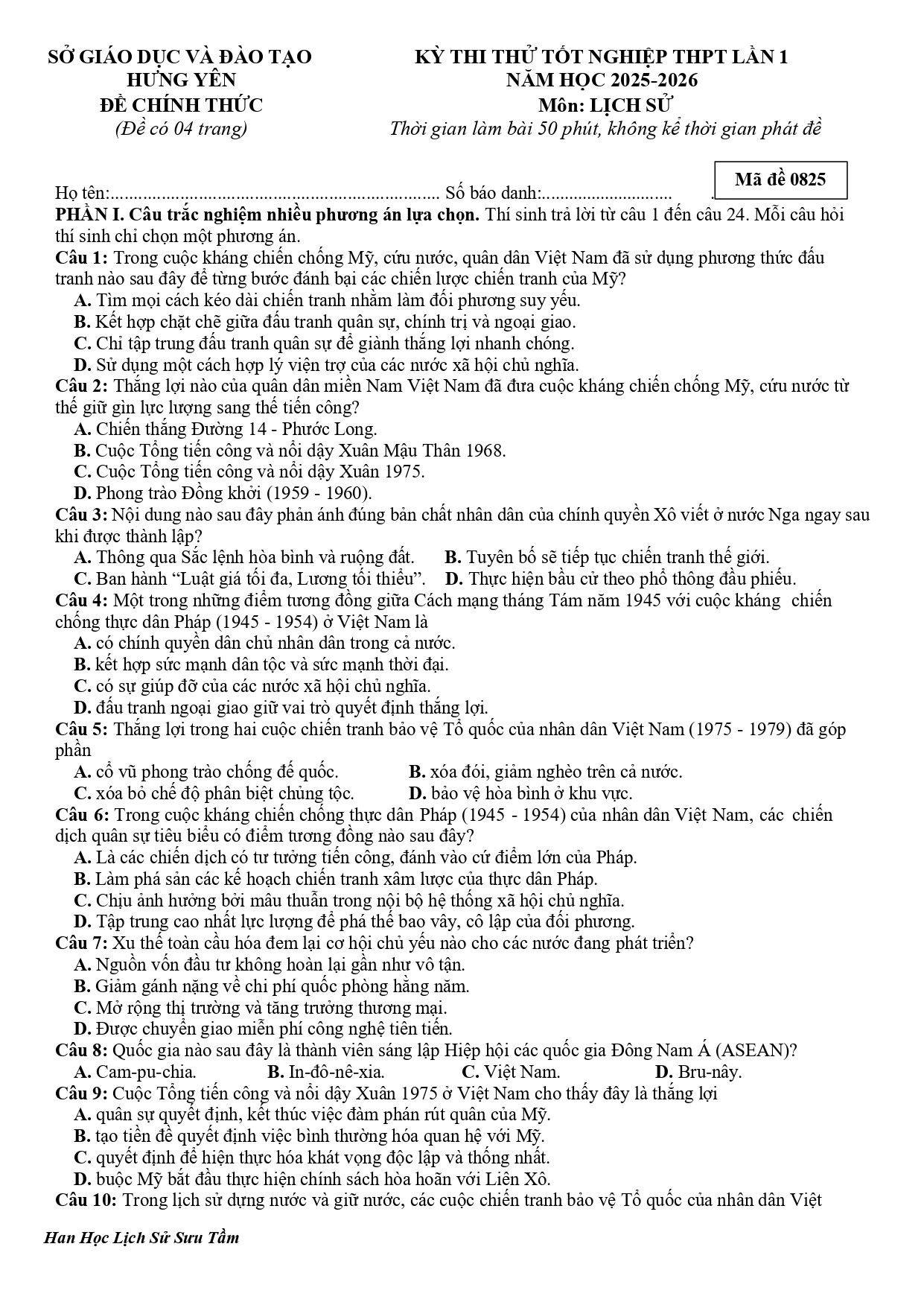 Đề thi thử Tốt nghiệp THPT Lịch sử 2025-2026 Sở GD&ĐT Hưng Yên (mã 03)