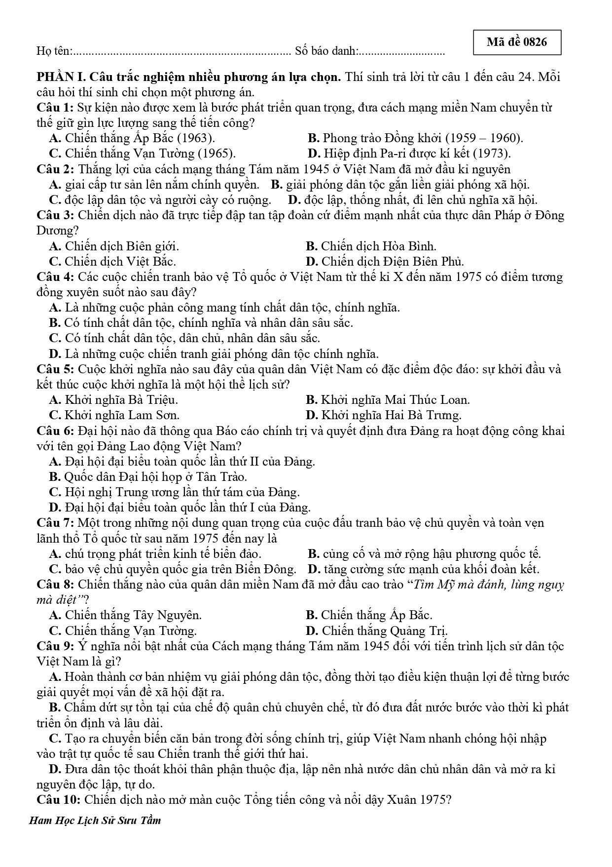 Đề thi thử Tốt nghiệp THPT Lịch sử 2025-2026 Sở GD&ĐT Hưng Yên (mã 04)