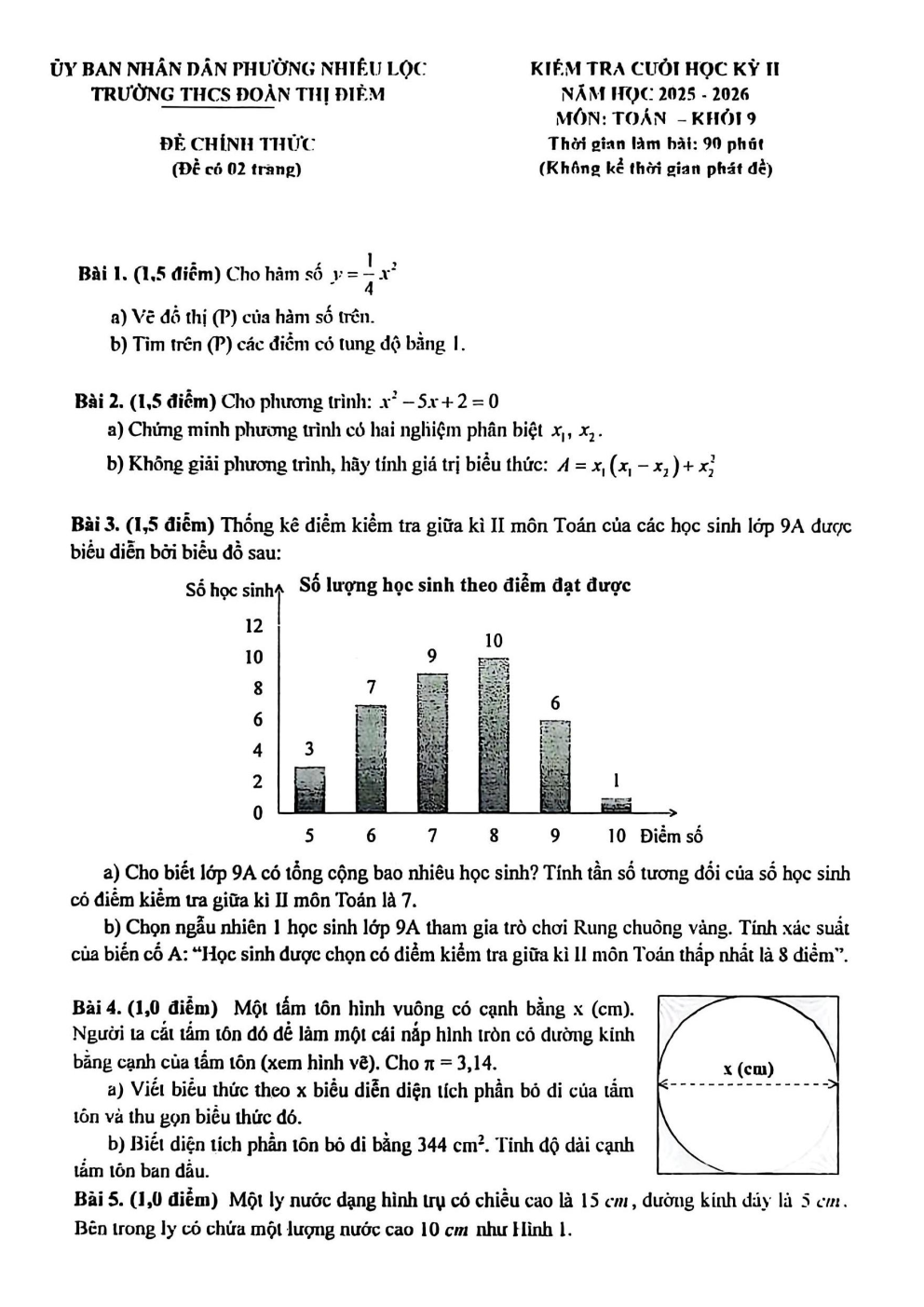 Đề thi Học kì 2 Toán 9 trường THCS Đoàn Thị Điểm (TP Hồ Chí Minh) năm 2025–2026