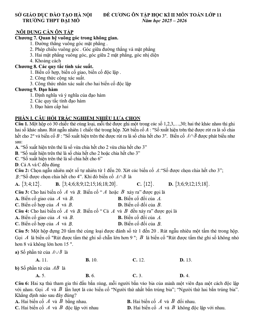 Đề cương ôn tập Học kì 2 Toán 11 trường THPT Đại Mỗ (Hà Nội) năm 2025–2026