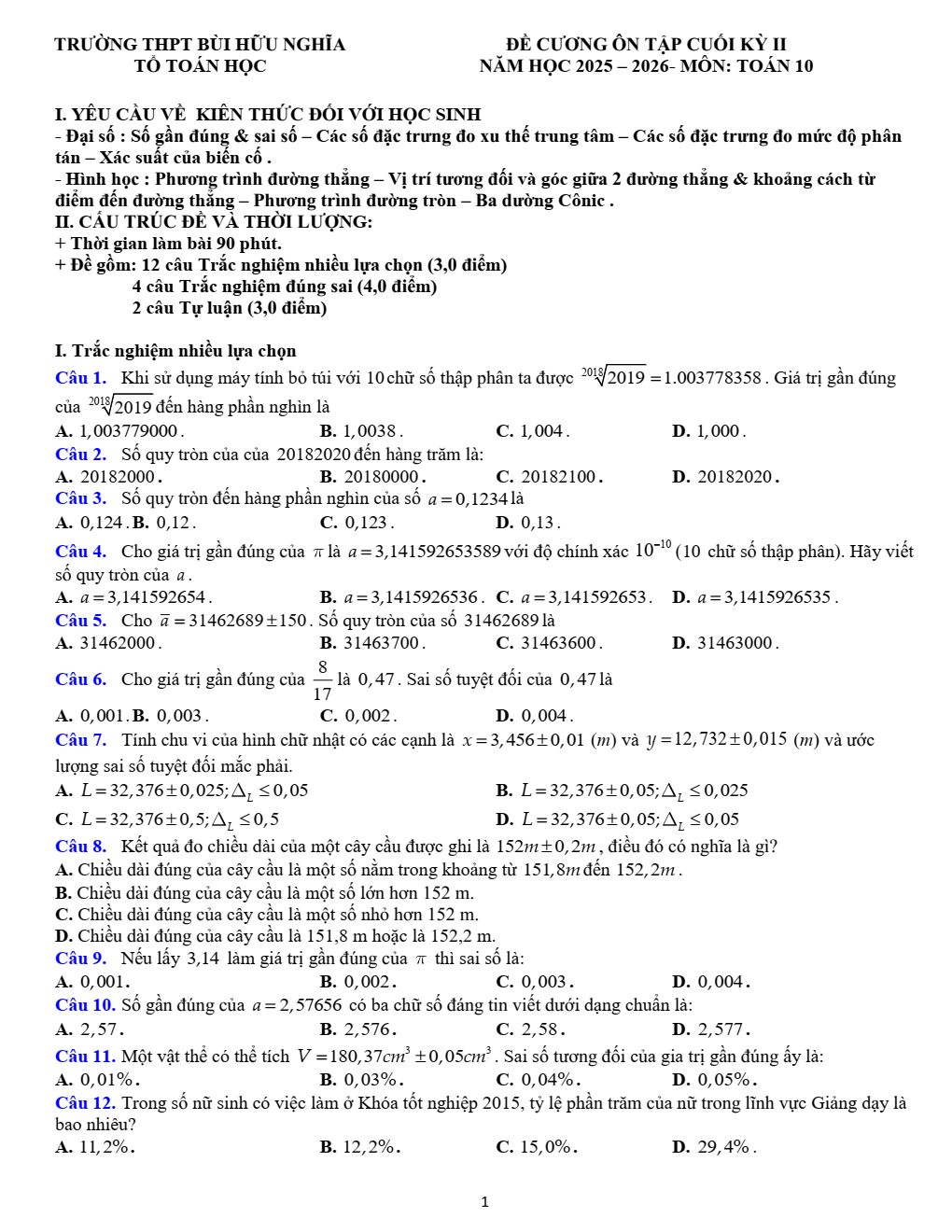 Đề cương ôn tập Học kì 2 Toán 10 trường THPT Bùi Hữu Nghĩa (Cần Thơ) năm 2025–2026