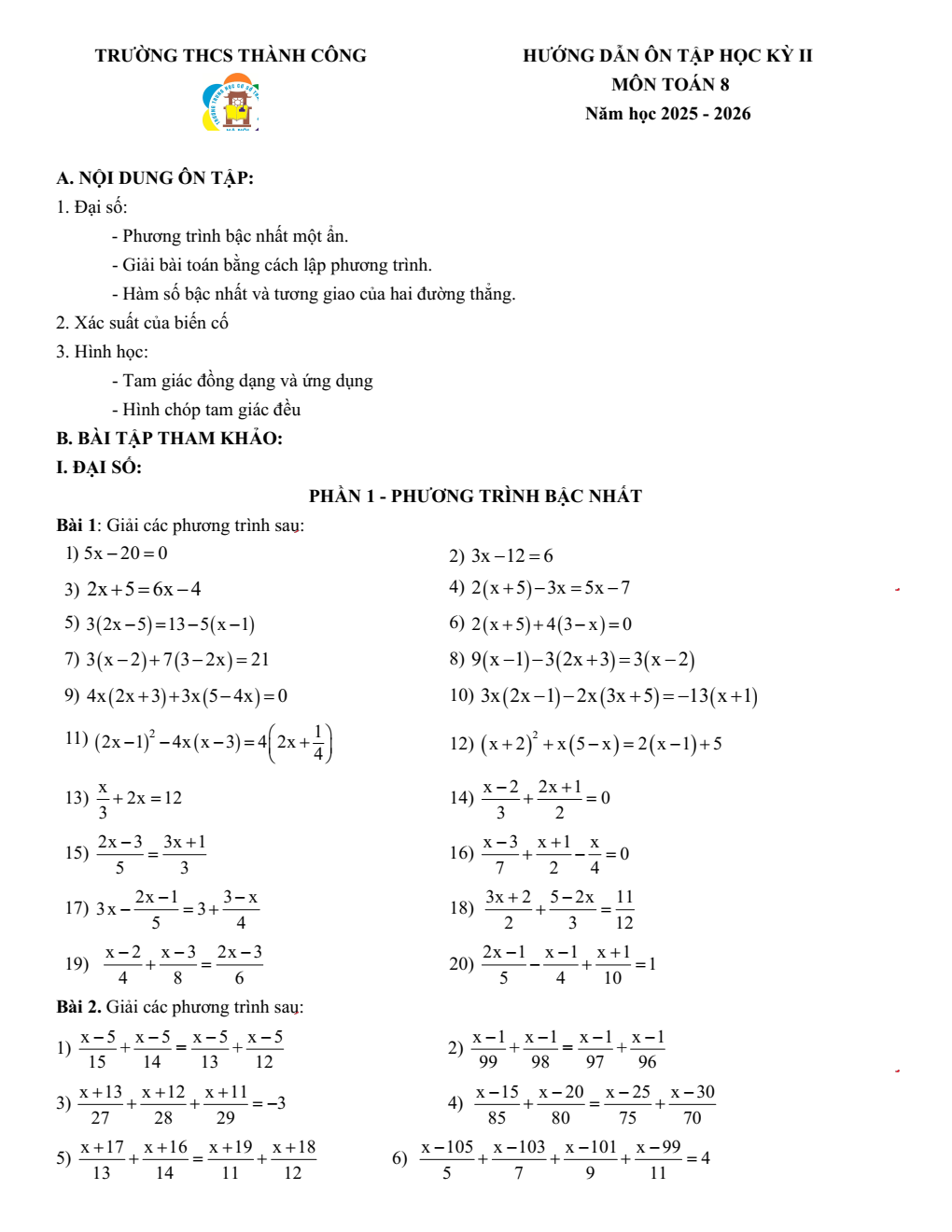 Đề cương ôn tập Học kì 2 Toán 8 trường THCS Thành Công (Hà Nội) năm 2025–2026