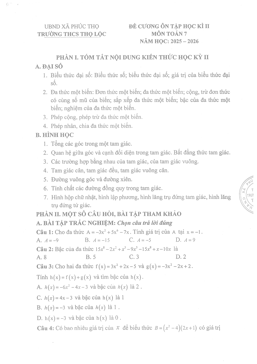 Đề cương ôn tập Học kì 2 Toán 7 trường THCS Thọ Lộc (Hà Nội) năm 2025–2026