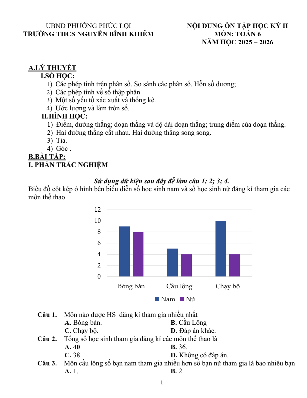 Đề cương ôn tập Học kì 2 Toán 6 trường THCS Nguyễn Bỉnh Khiêm (Hà Nội) năm 2025–2026