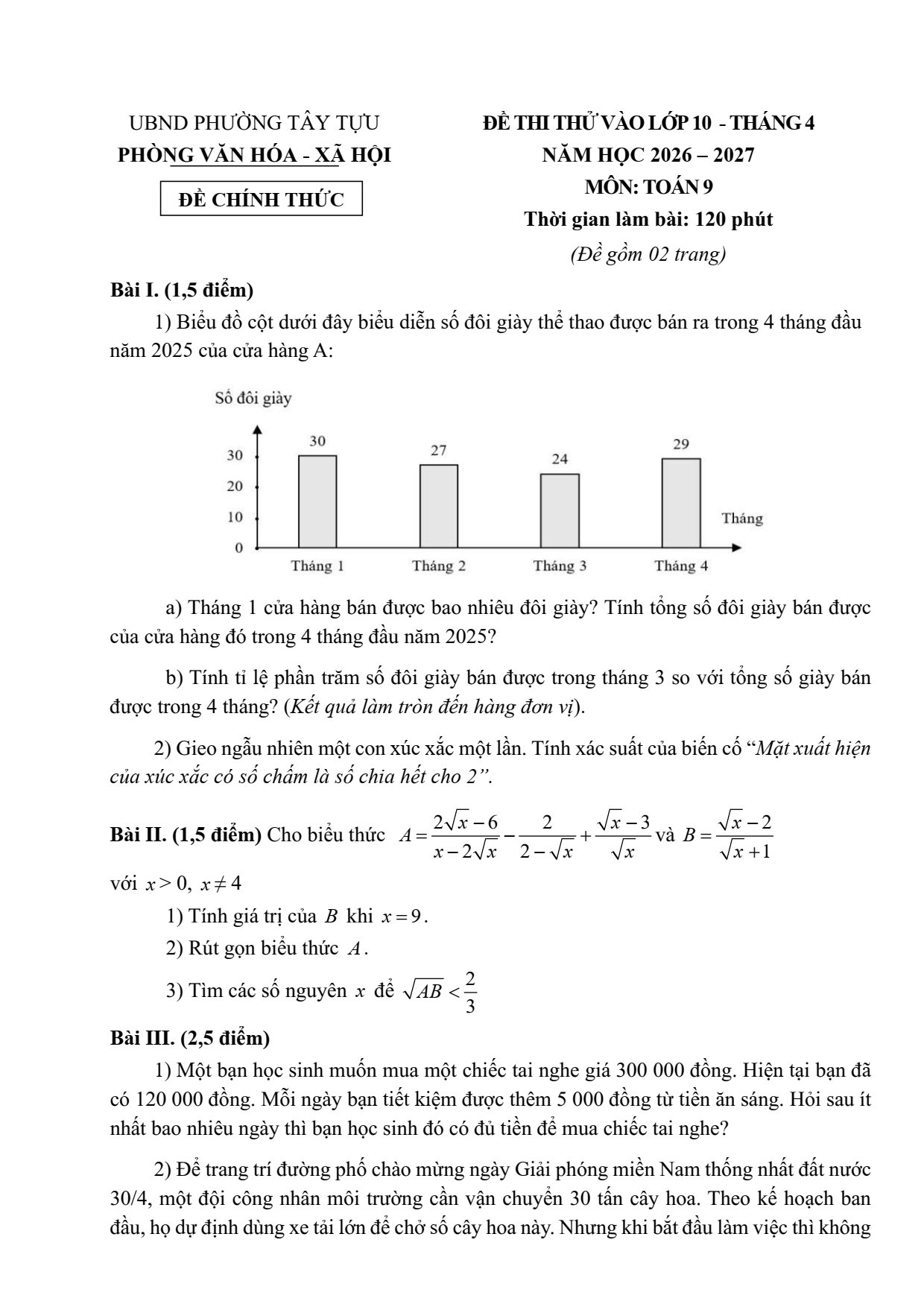 Đề thi thử Toán tháng 4 vào lớp 10 năm 2026-2027 phường Tây Tựu (Hà Nội)